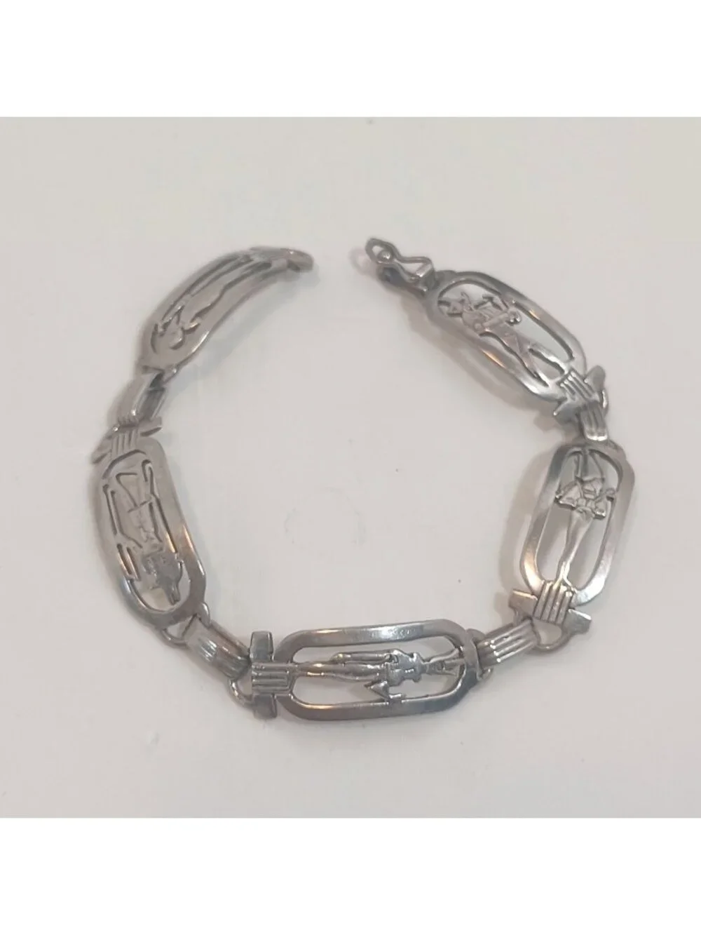 925 Sterling Silver Vtg Egyptian Hieroglyphic Storyteller Panel Link Bracelet